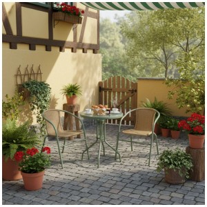Set bistro Greemotion Retro, 3 pezzi, verde-beige, su terrazza con piante.