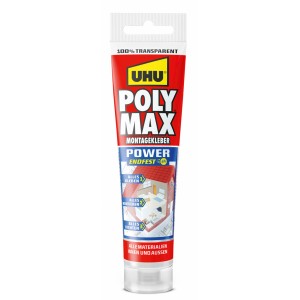 Tubo di UHU Poly Max Montagekleber Power Transparent, adesivo da costruzione per interni ed esterni.
