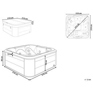 Dessin technique Beliani Spa extérieur Tularosa 210x210x90 cm. Dimensions, vue intérieure, couverture.
