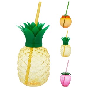 Gobelets en plastique, 3 modèles assortis : ananas, fraise, orange avec paille.