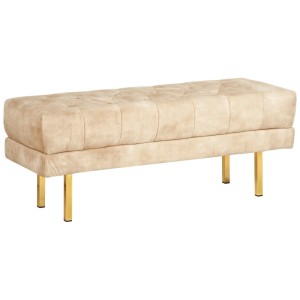 Banquette en velours beige Roseville, assise matelassée et pieds dorés.