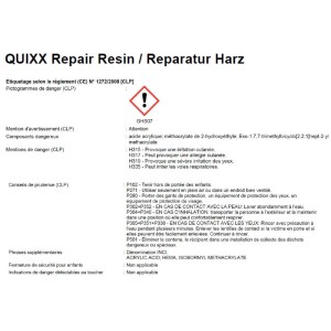 Etichetta del kit di riparazione parabrezza Quixx con avvertenze e ingredienti.
