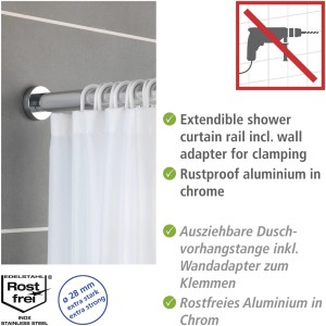 Wenko Barre de douche télescopique Luz, chromée, extensible 110-185 cm, pour montage sans perçage.