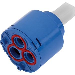 Cartuccia ceramica Ø 40 mm per rubinetto cucina, blu, con tre aperture e perno bianco.