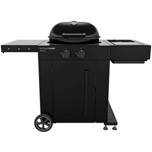 Barbecue a gas Outdoorchef Arosa 570 G Evo Plus nero con sfera a gas e ripiani laterali.