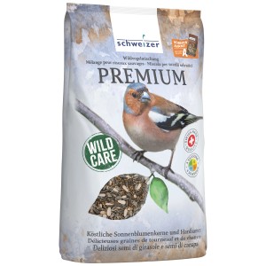 Confezione da 5kg di miscela premium per uccelli selvatici con semi di girasole e immagine di uccello.