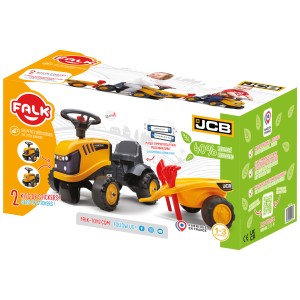 Falk JCB porteur avec remorque taille S, jaune/noir, en carton. Voiture porteur pour enfants dès 12 mois.