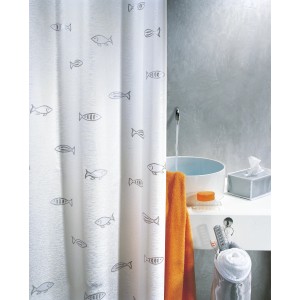 Spirella Textil-Duschvorhang Kos, 180x200 cm, mit Fischmuster in Silber.