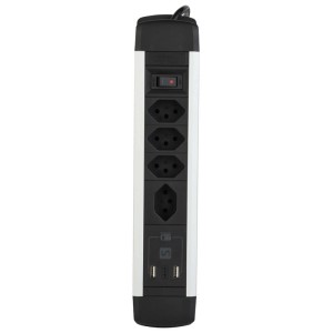 Multiprise Schönenberger avec 4 prises T13, USB-A et USB-C en argent/noir.