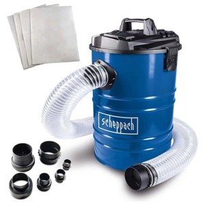 Aspiratore Scheppach DC 100 in metallo, blu, con accessori e sacchetti filtro.