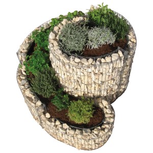 Petite spirale à herbes aromatiques en gabion (60x110x90cm) plantée d'herbes.
