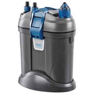 Filtre externe pour aquarium Oase Filtosmart Thermo 100 en gris et bleu.
