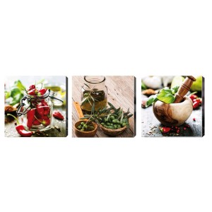 Quadro su tela Kitchen, set da 3 con motivi da cucina: peperoncino, olio d'oliva ed erbe aromatiche.