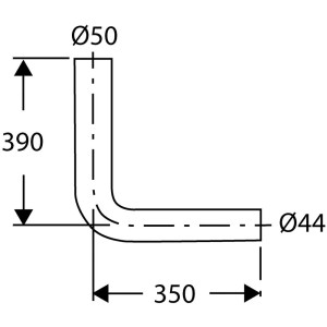 Dessin technique : coude de chasse d'eau blanc à 90°, diamètre 50 mm, pour raccorder réservoir et WC.