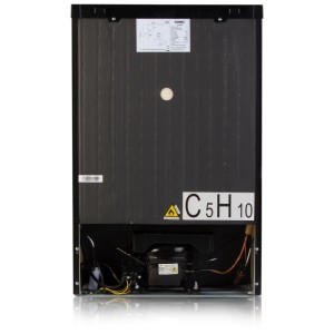 Rückansicht Domo Kühlschrank DO91124-CH, schwarz matt, mit Kompressor und Kühlmittelhinweis.