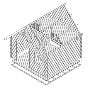 Illustration d'un chalet de jardin Alpholz de style suédois (461x472cm) en construction, imprégné par immersion.