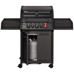 Barbecue à gaz Enders Monroe Pro 3 SIK Turbo Shadow, noir mat avec brûleur latéral et bouteille de gaz.