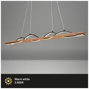 Suspension LED Briloner décor bois en forme de vague, 2x30W, lumière blanc chaud.