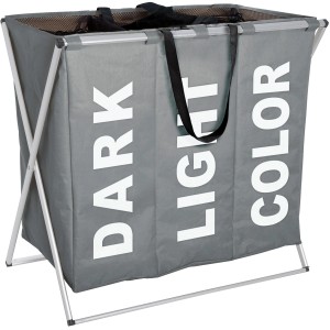 Cesto portabiancheria Wenko Trio, 130L, grigio, con 3 scomparti per pre-ordinare il bucato.