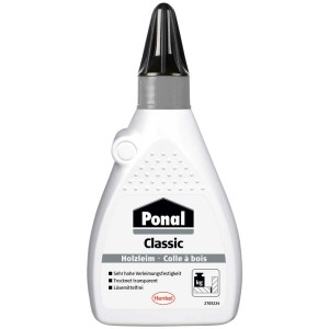 Flacone di colla per legno Ponal Classic, 120g, bianco, con beccuccio nero. Ideale per bricolage e incollaggio del legno.