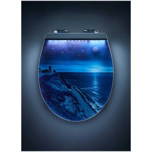 Sedile WC Diaqua Menton LED Night Beach con chiusura ammortizzata, motivo: paesaggio costiero notturno.