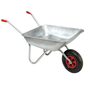 Carriola zincata con vasca da 80 l, manico e ruota rossi per edilizia e giardino.