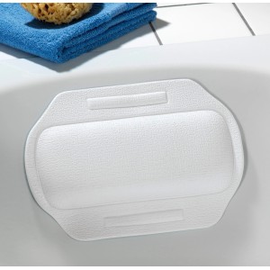 Oreiller de nuque Wenko Florida blanc dans la baignoire, surface douce pour la peau avec ventouses.