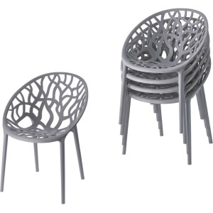 Sedia da giardino Forest in plastica grigio scuro con motivo a rami, singola e impilata. Impilabile, con braccioli.