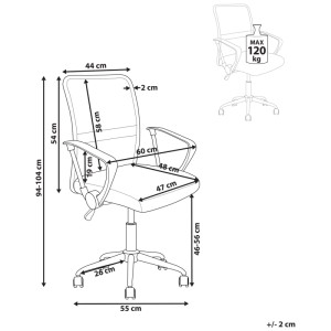 Schizzo della sedia da ufficio Best Mesh Off-White con dimensioni di altezza, larghezza e profondità.