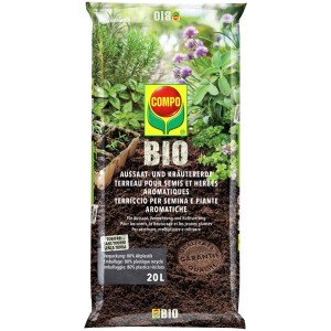 Sac de terreau bio Compo pour semis et herbes aromatiques, 20 l, sans tourbe, planté d'herbes.