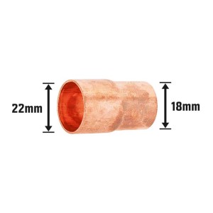 Raccordo a saldare in rame, diametro 22 mm a 18 mm, per tubi in rame e acqua potabile.