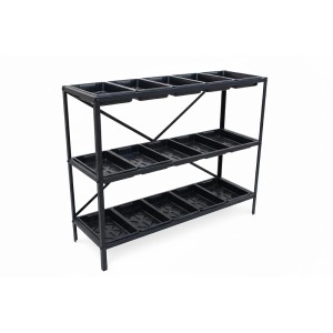 Scaffale nero Halls per vaschette di semina con 3 ripiani e 15 vaschette, ideale per serra e giardino.