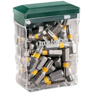 Metabo Bitbox TX 25 pièces avec 25 embouts en acier chrome vanadium dans une boîte en plastique transparente.