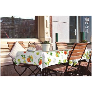 d-c-fix® Tischdecke Manhattan Citronella, 140x180 cm, mit Zitrusfrüchte-Muster auf Gartentisch.