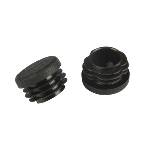 Deux bouchons de tube noirs, ronds, avec côtés nervurés et surface mate. Idéaux pour patins de meubles, 25 mm.