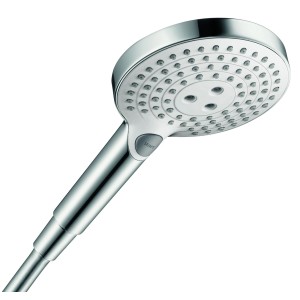 Soffione doccia Hansgrohe Raindance Select S 120, bianco-cromo, con pulsante Select per la selezione del getto.