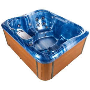 Spa extérieur Arcelia bleu avec revêtement aspect bois et éclairage LED pour 4 personnes.