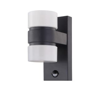 Moderne Eglo LED-Aussenwandleuchte Atollari in Anthrazit mit Sensor für den Aussenbereich.