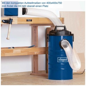 Aspiratore Scheppach DC 100 in metallo blu con tubo e set di adattatori per seghe e macchine per la lavorazione del legno.