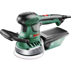 Ponceuse excentrique Bosch PEX 400 AE : Ponceuse verte avec aspiration de poussière et coffret.