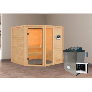 Sauna Karibu Tabea con stufa e controllo esterno, legno naturale con porta in vetro.