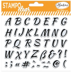 Aladine Clear Stamp Alphabet Set mit transparenten Buchstaben- und Satzzeichen-Stempeln.