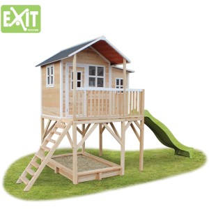EXIT Loft 750 casetta in legno naturale con scivolo e sabbiera.