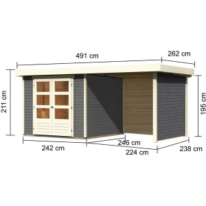 Casetta da giardino in legno Karibu Boras, grigio terra, con tetto piatto ed estensione, dimensioni: 238x242 cm.