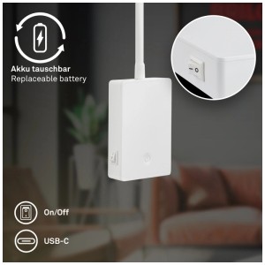 Gros plan : Lampe de lecture sans fil blanche Briloner Cielo avec interrupteur, USB-C et batterie remplaçable.