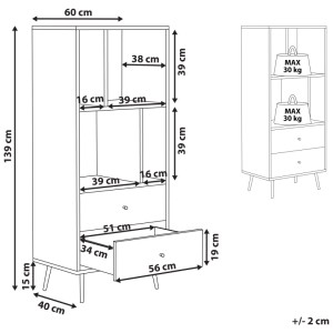 Dessin technique bibliothèque Beliani Richmond 139x60x40 cm avec 4 étagères ouvertes, 2 tiroirs. Charge max 30 kg par étagère.
