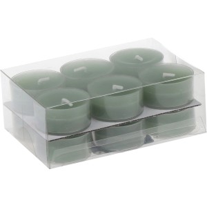 Lot de 12 bougies chauffe-plat Steinhart couleur sauge, env. Ø 3,8 cm, dans un étui en plastique transparent.