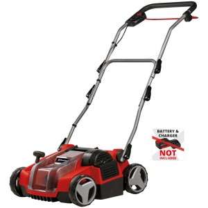 Einhell Power-X-Change GE-SC 36/35 Li scarificateur sans fil (sans batterie). Scarificateur électrique rouge avec poignée argentée.