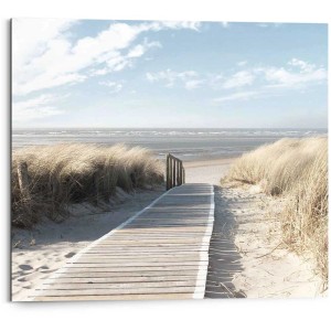Deco Panel Dunes, 40x50 cm: Passerella in legno verso la spiaggia, paesaggio di dune, mare calmo. Quadro per soggiorno.