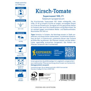 Graines de tomate cerise Kiepenkerl Supersweet 100. Fruits rouges et sucrés en grappes.